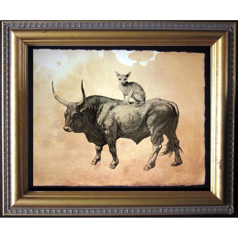 Vintage Style Sphinx Cat Riding Bull Animal Art Print Wall Decor